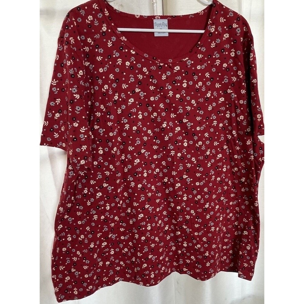 Cascade Blues Women’s Flowery Top Red Size 3X Short Sleeve 100% Cotton NWT